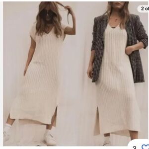 Massimo Dutti Cream Ribbed Knit Midi Dress